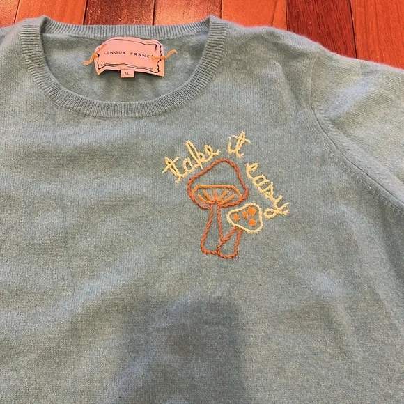Lingua Franca mushroom Embroidered Cashmere Sweater short sleeve XL Take it easy - Picture 3 of 10